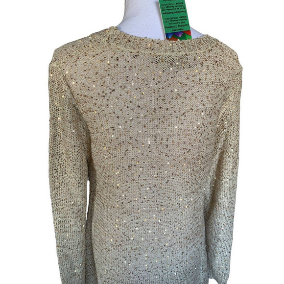 John Fashion Sweater Top Gold Sequin Long Sleeve Open Knit Sharkbite Sz L NEW - Picture 5 of 11